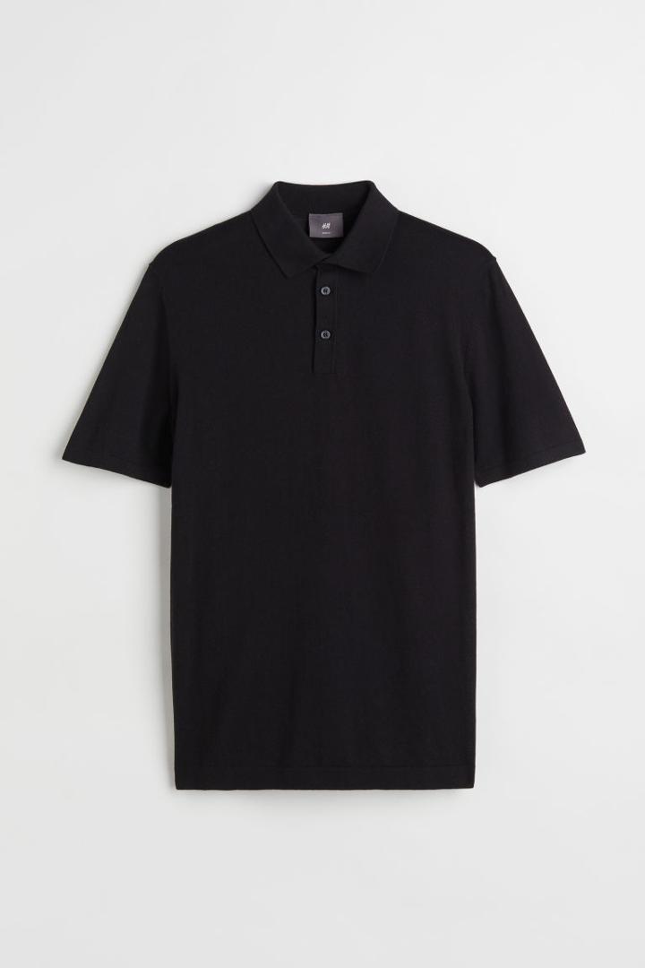 H & M - Slim Fit Fine-knit Polo Shirt - Black