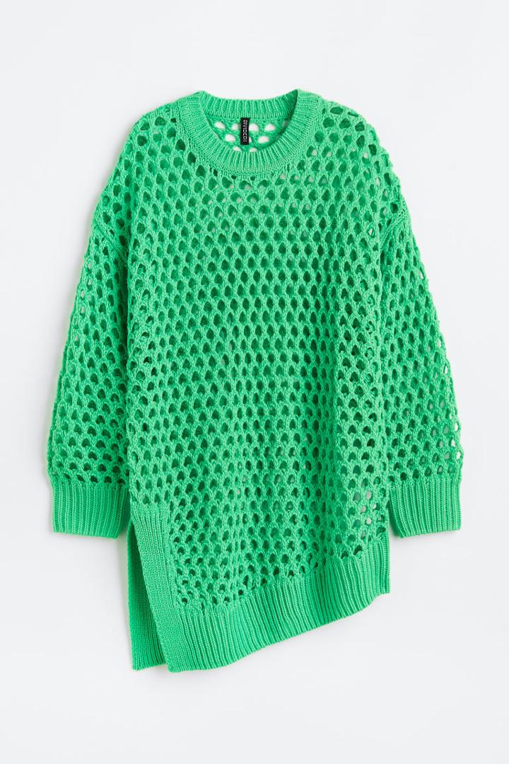 H & M - Asymmetric Hole-knit Sweater - Green