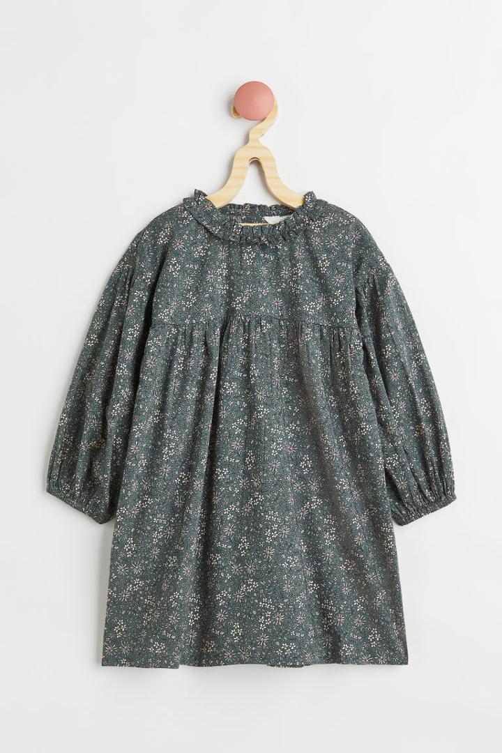H & M - Balloon-sleeved Cotton Dress - Green