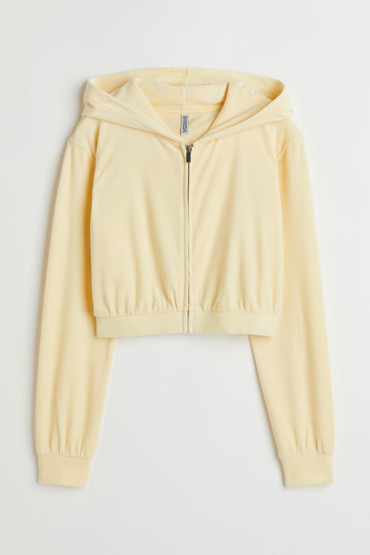H & M - Hooded Velour Crop Jacket - Yellow
