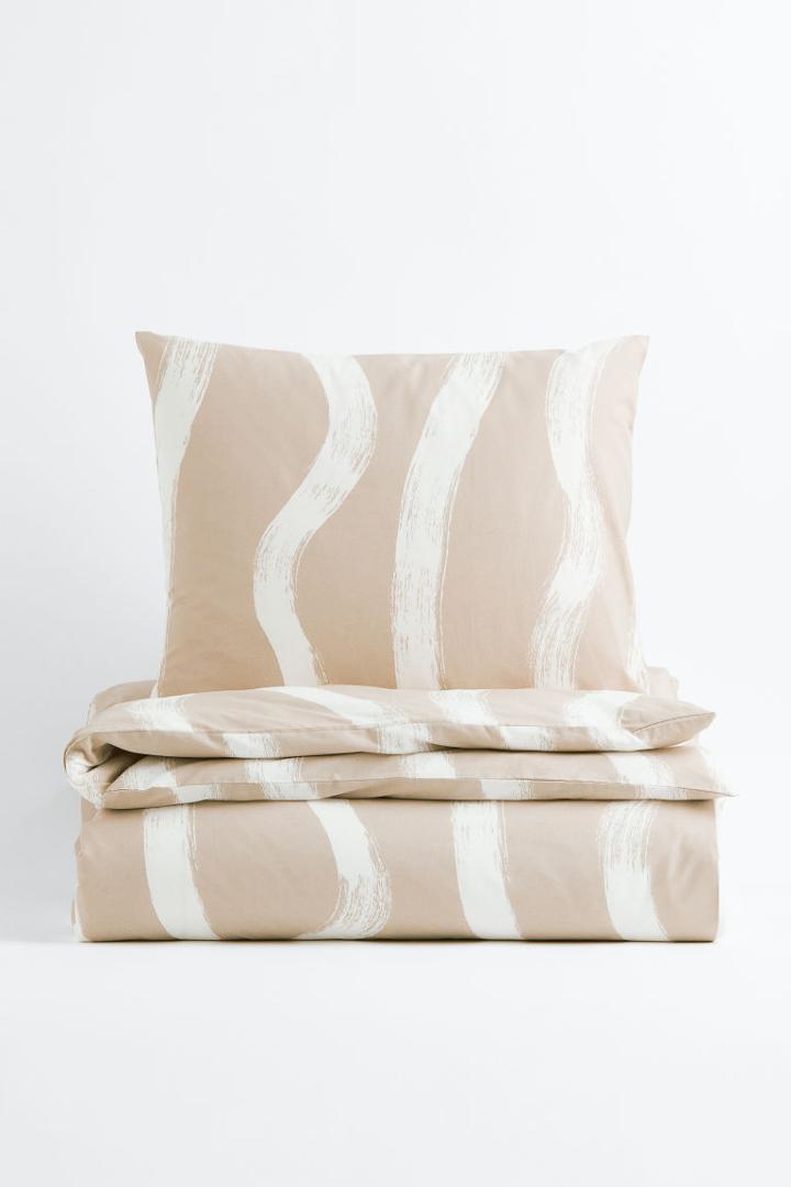 H & M - Patterned Cotton Twin Duvet Cover Set - Beige