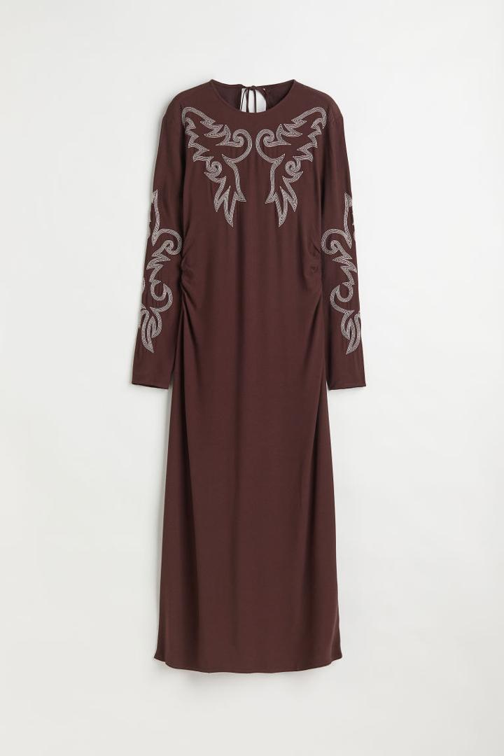 H & M - Dress With Embroidery - Brown