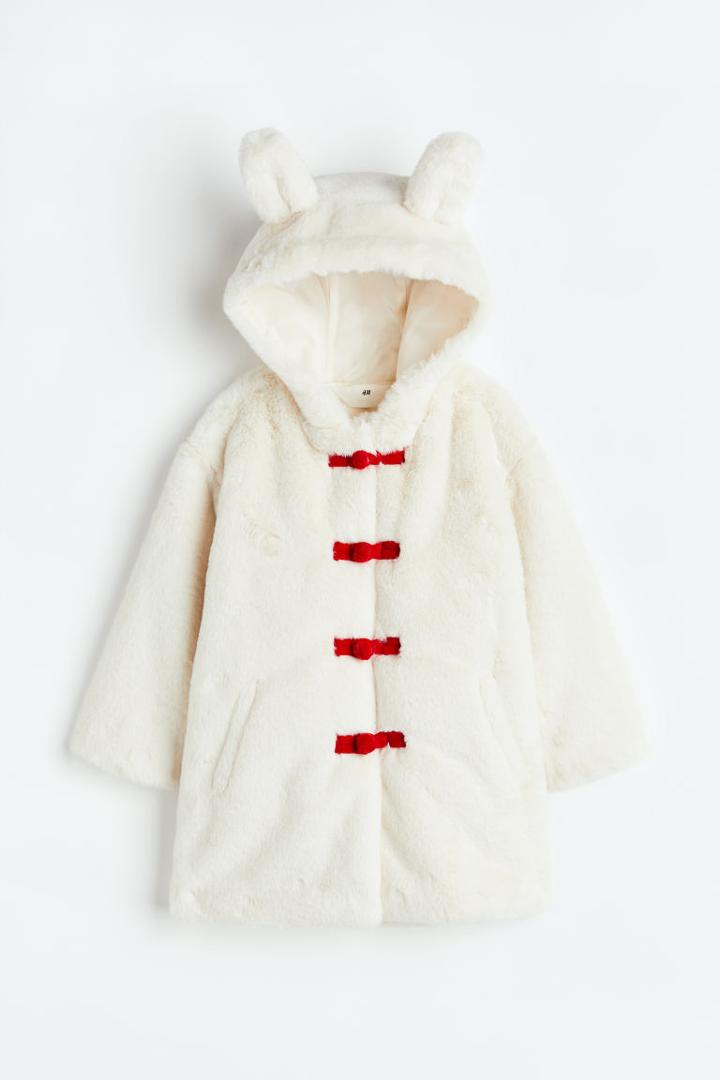 H & M - Fluffy Coat With Ear Appliqus - White