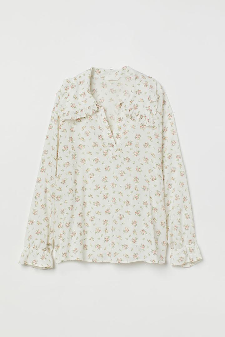 H & M - Mama Ruffle-trimmed Collared Blouse - White