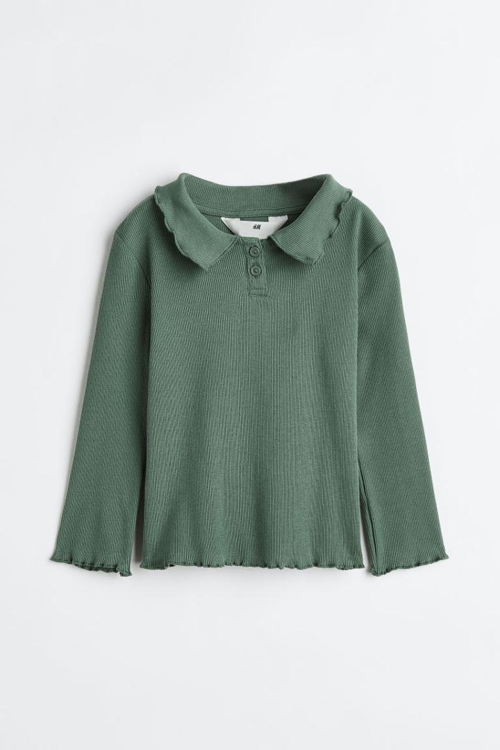 H & M - Long-sleeved Ribbed Top - Green