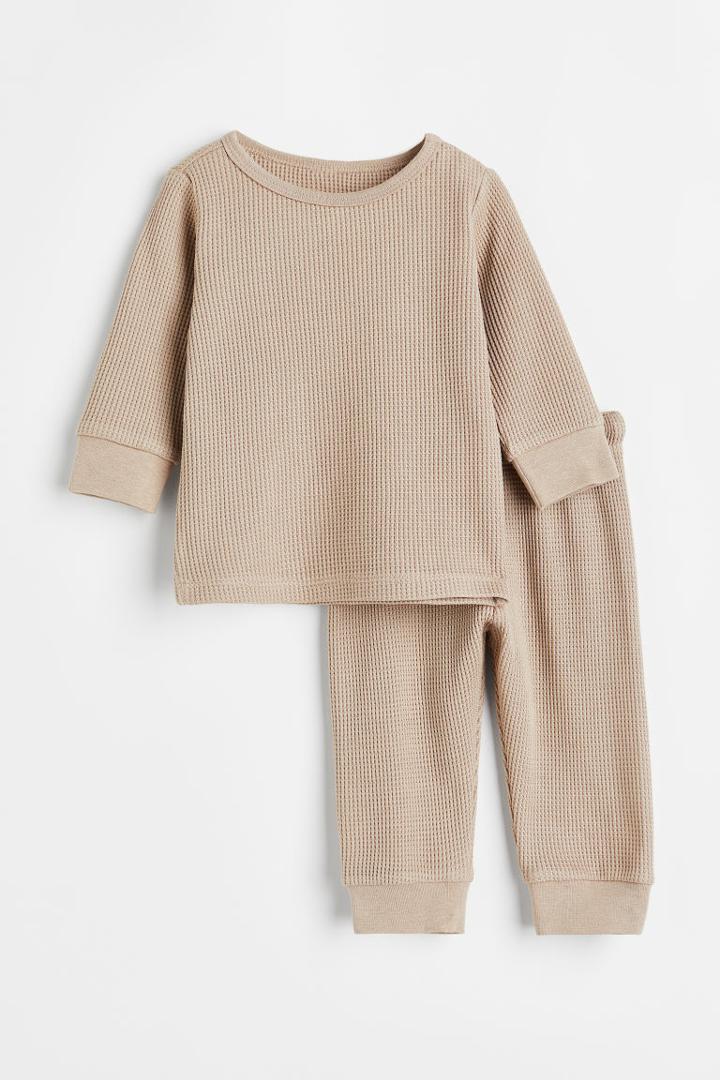 H & M - Waffled Cotton Jersey Set - Brown