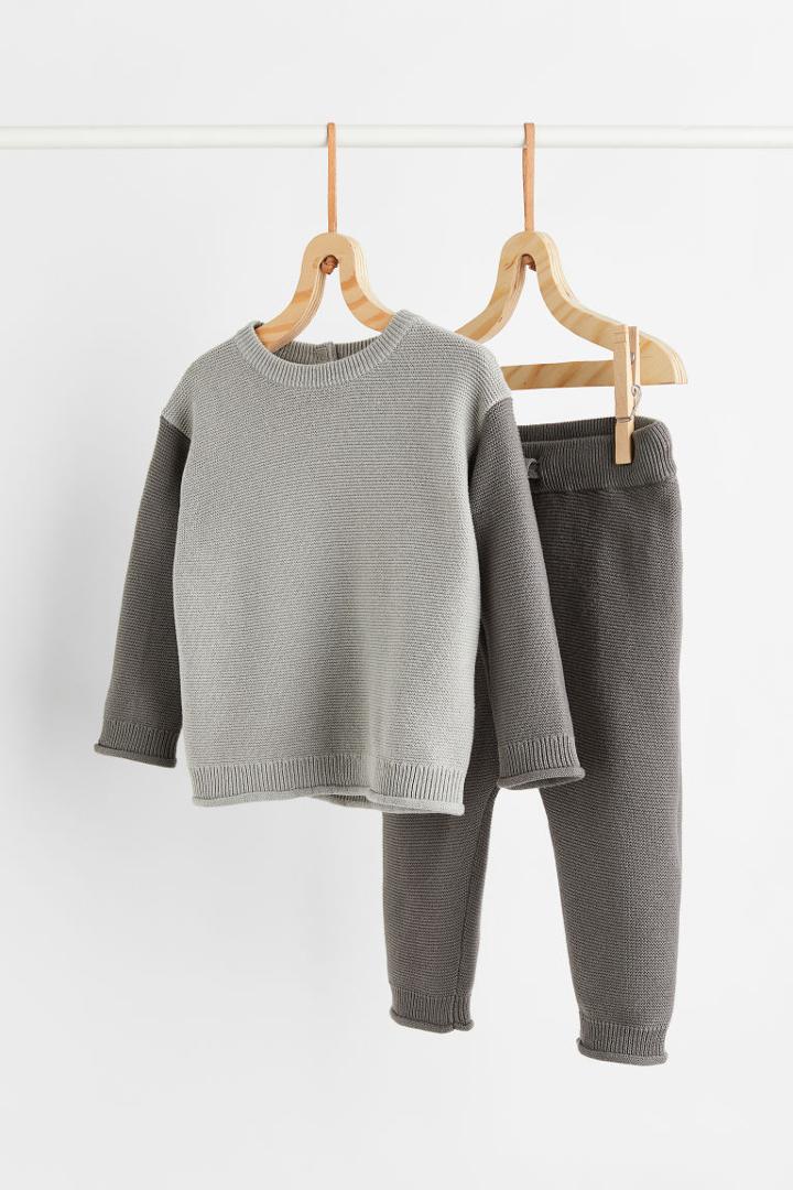 H & M - 2-piece Fine-knit Cotton Set - Gray