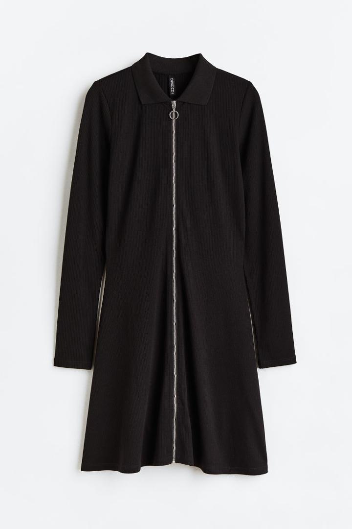 H & M - Collared Zip-front Dress - Black