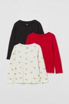 H & M - 3-pack Long-sleeved Tops - Red