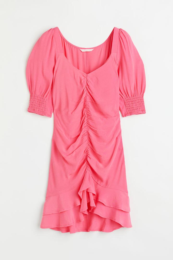 H & M - Puff-sleeved Dress - Pink