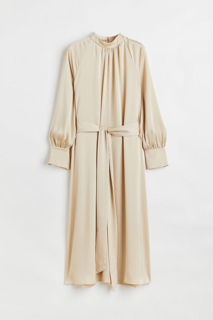 H & M - Tie-belt Satin Dress - Beige