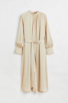 H & M - Tie-belt Satin Dress - Beige