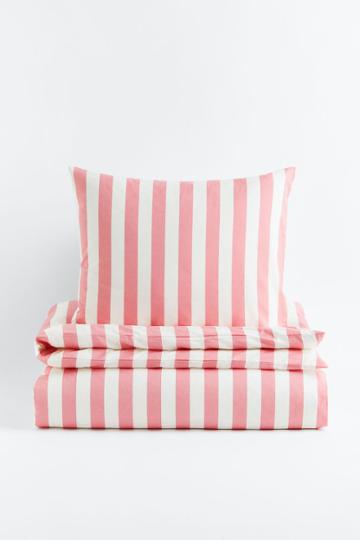 H & M - Striped Twin Duvet Cover Set - Pink