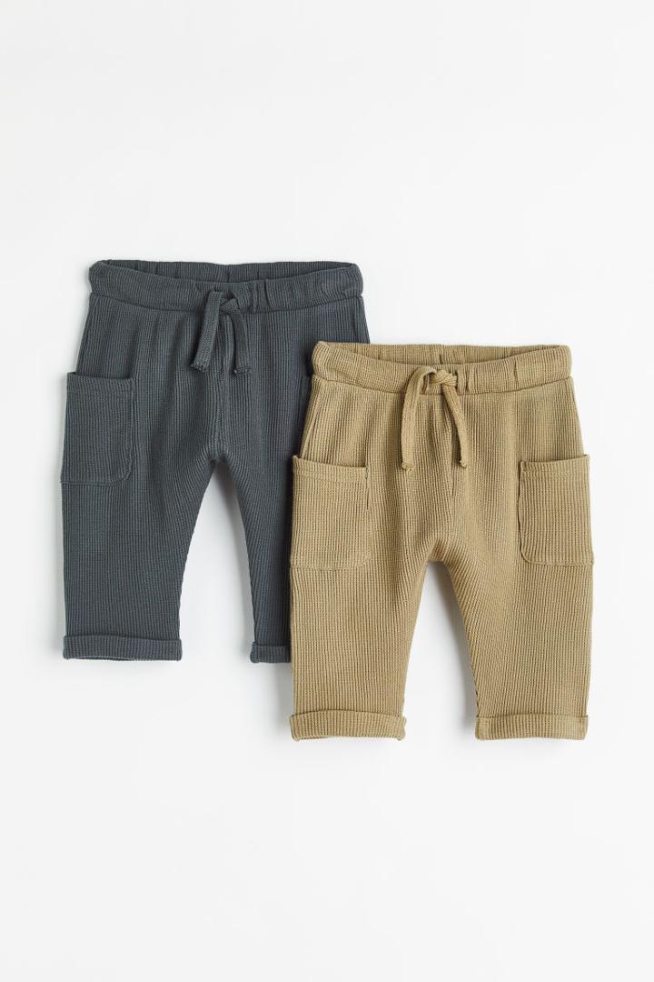 H & M - 2-pack Waffled Cotton Joggers - Green