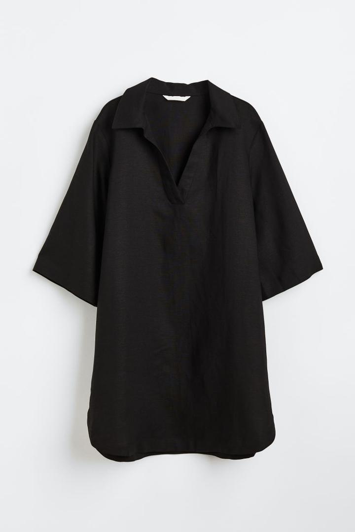 H & M - Linen-blend Dress With Collar - Black