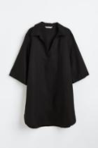 H & M - Linen-blend Dress With Collar - Black