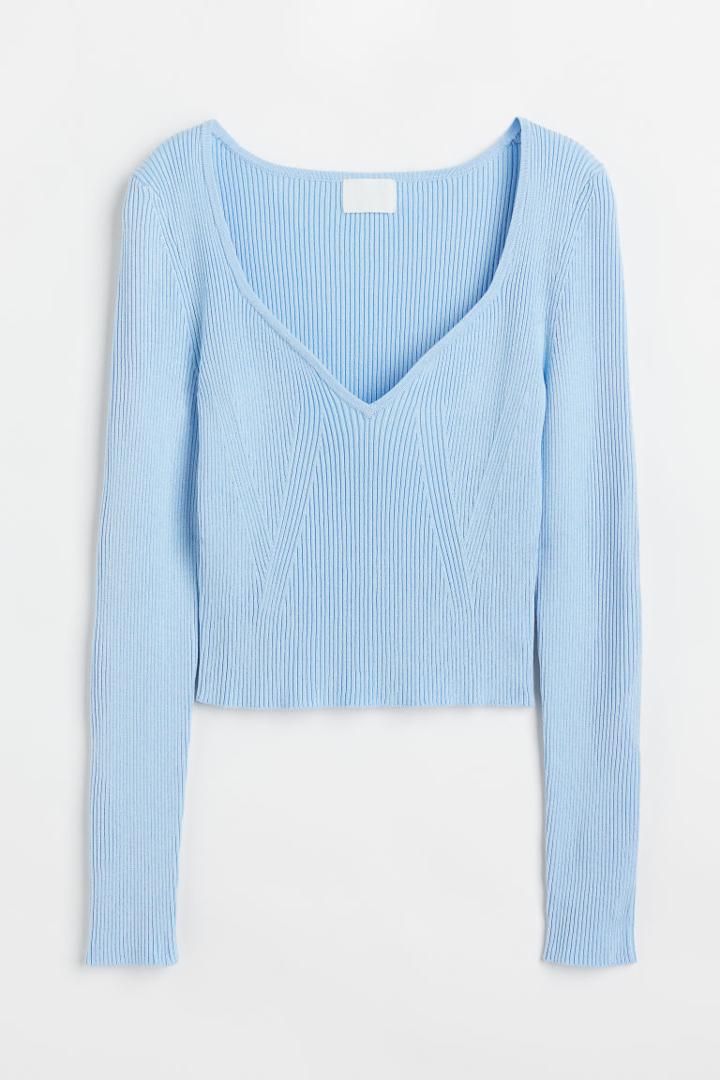 H & M - Short Rib-knit Sweater - Blue