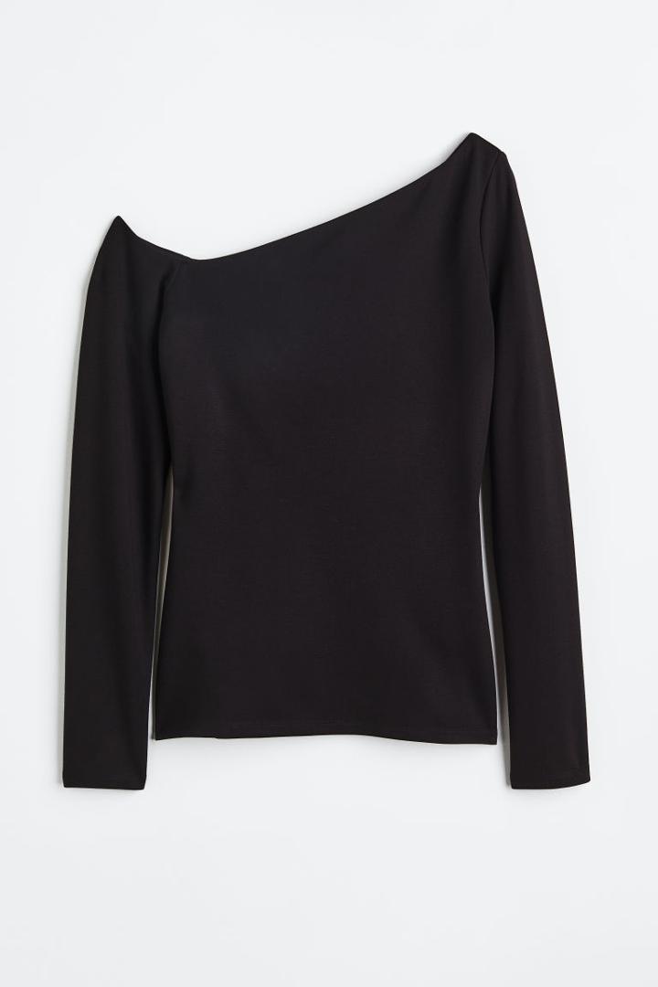 H & M - One-shoulder Long-sleeved Top - Black