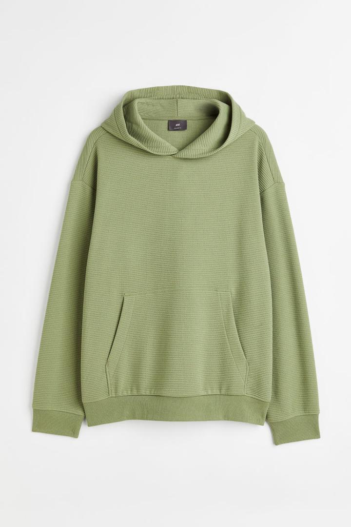 H & M - Relaxed Fit Waffled Hoodie - Green