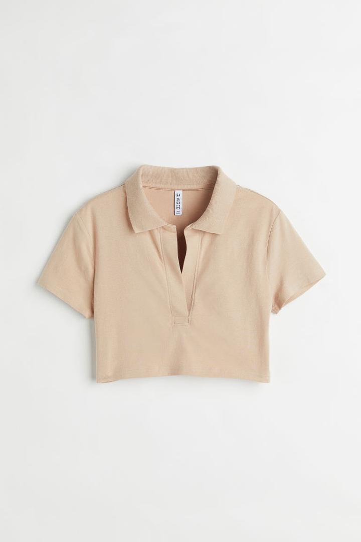 H & M - Collared Crop Top - Beige