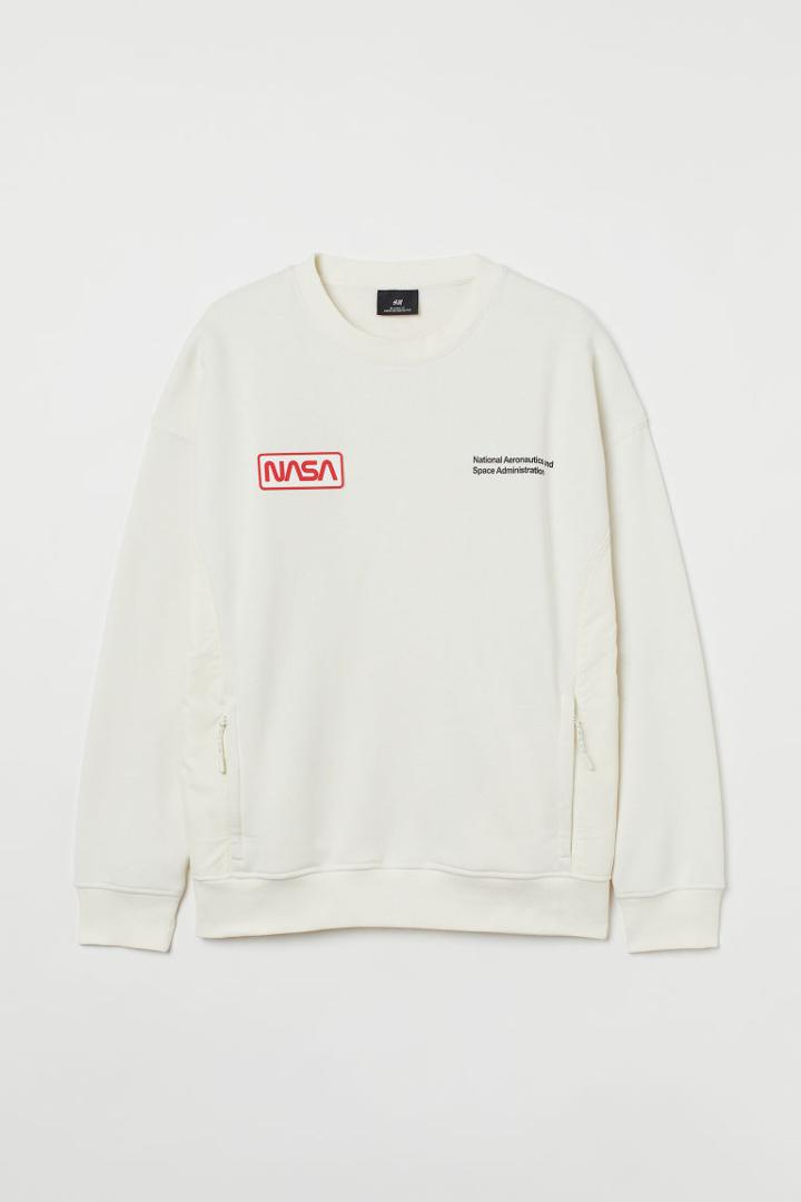 H & M - Regular Fit Zip-pocket Sweatshirt - White
