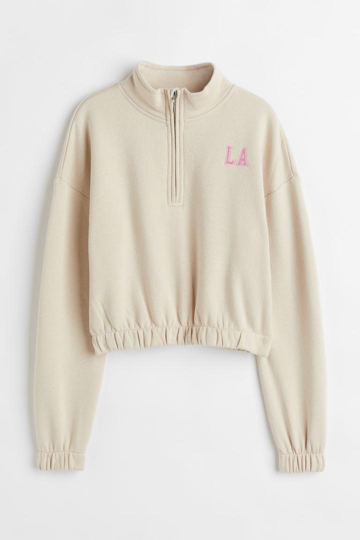 H & M - Oversized Half-zip Sweatshirt - Beige