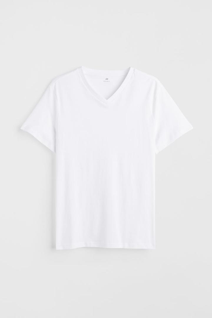H & M - Regular Fit V-neck T-shirt - White