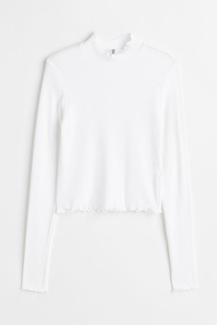 H & M - Ribbed Long-sleeved Top - White