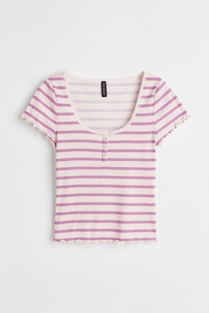H & M - Lace-trimmed Ribbed Top - Purple