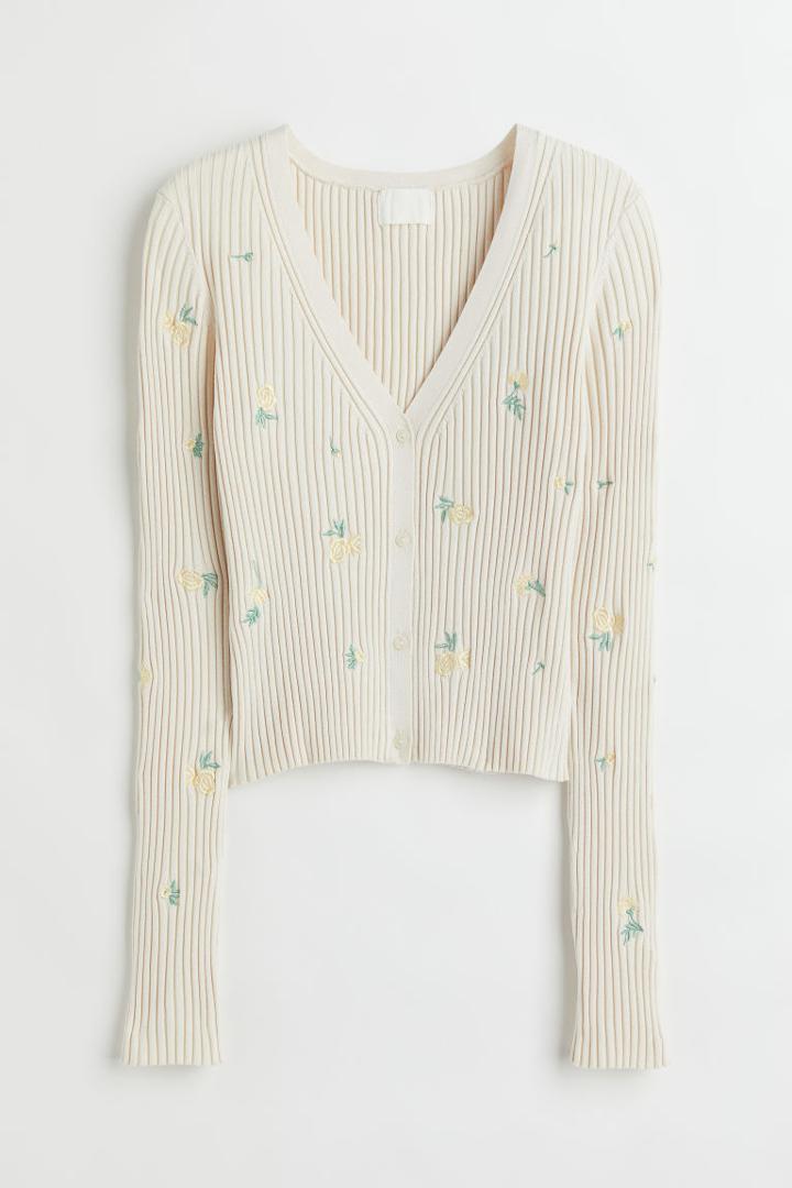 H & M - Ribbed Cardigan With Embroidery - Beige