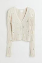 H & M - Ribbed Cardigan With Embroidery - Beige