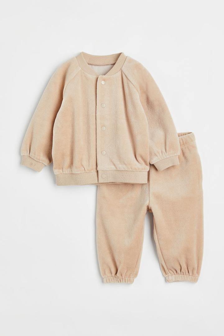 H & M - 2-piece Velour Set - Beige