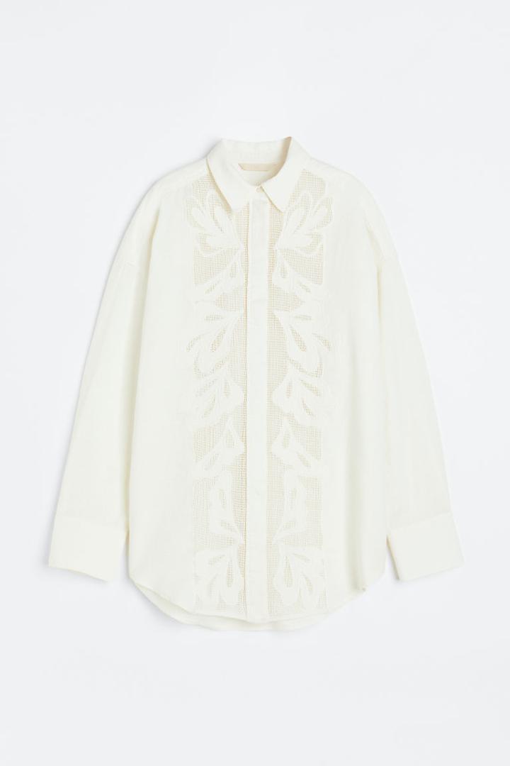 H & M - Embroidered Shirt - White