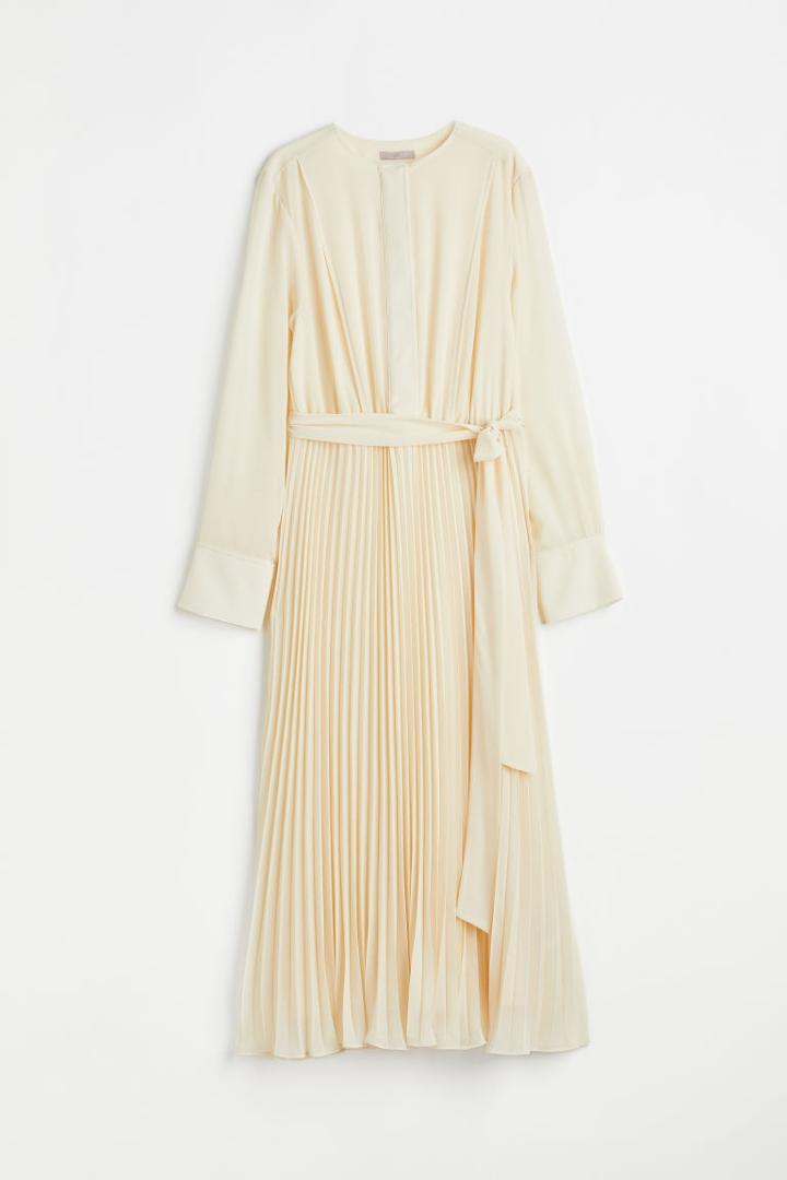 H & M - Pleated Tie-belt Dress - Beige