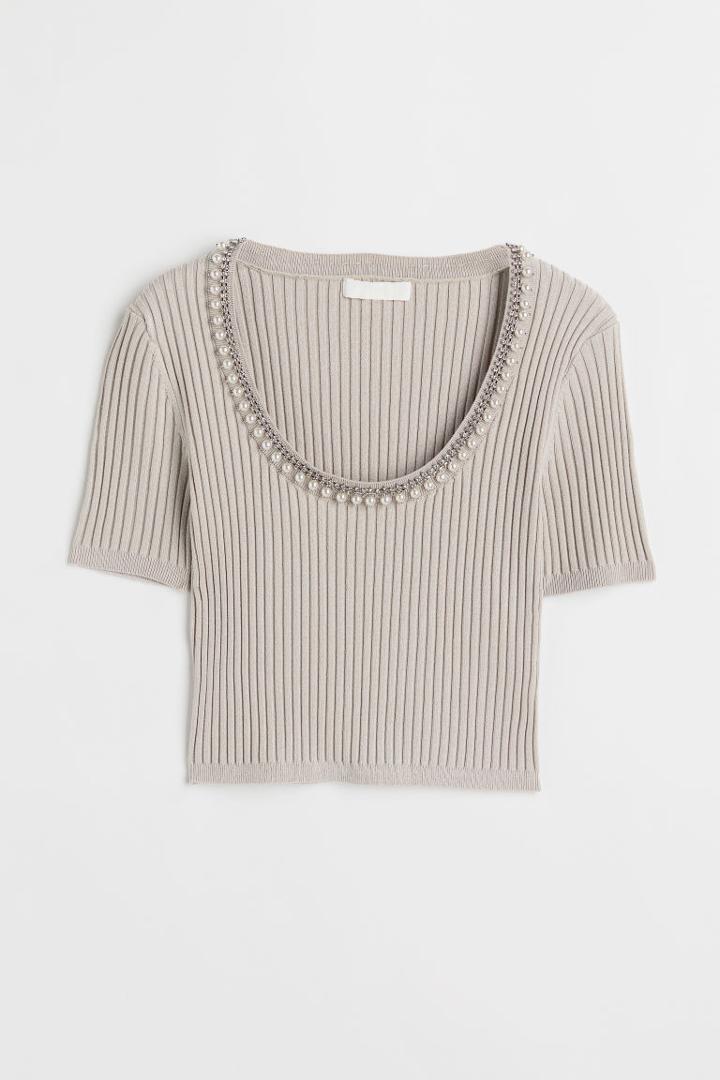 H & M - Rhinestone-embellished Rib-knit Top - Brown