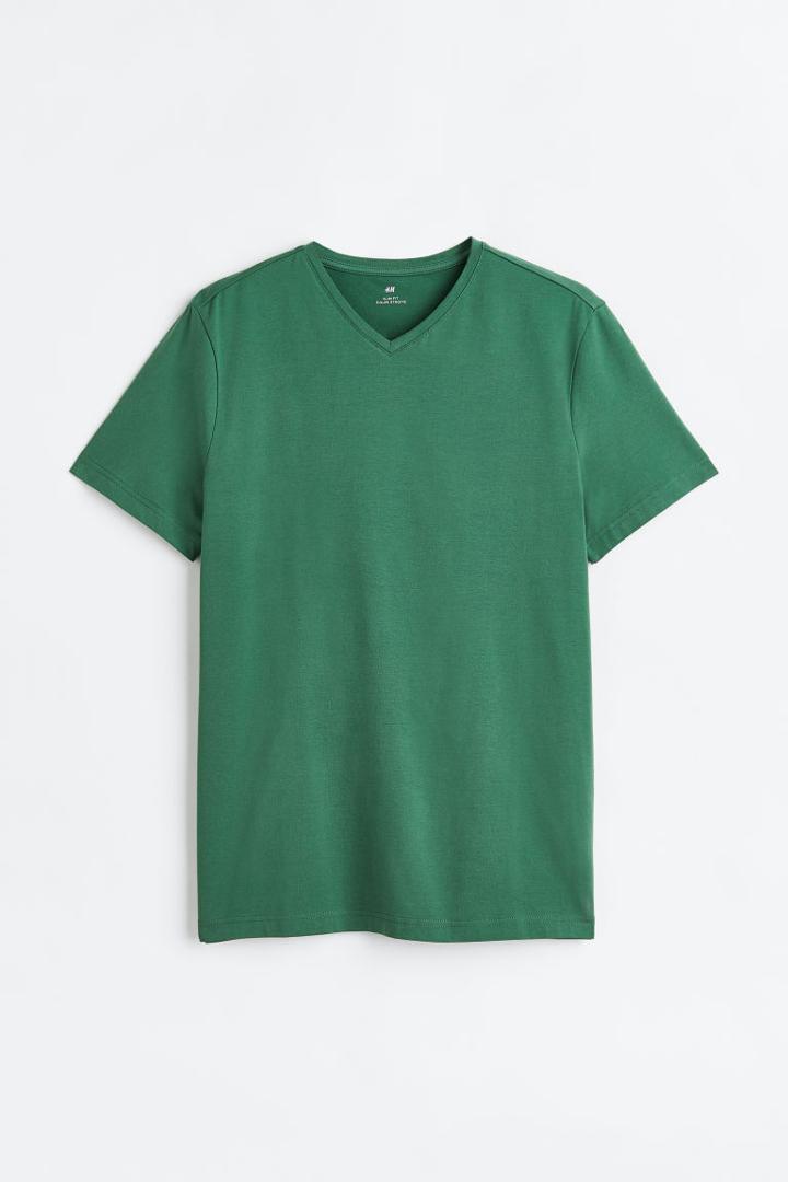 H & M - Slim Fit V-neck T-shirt - Green