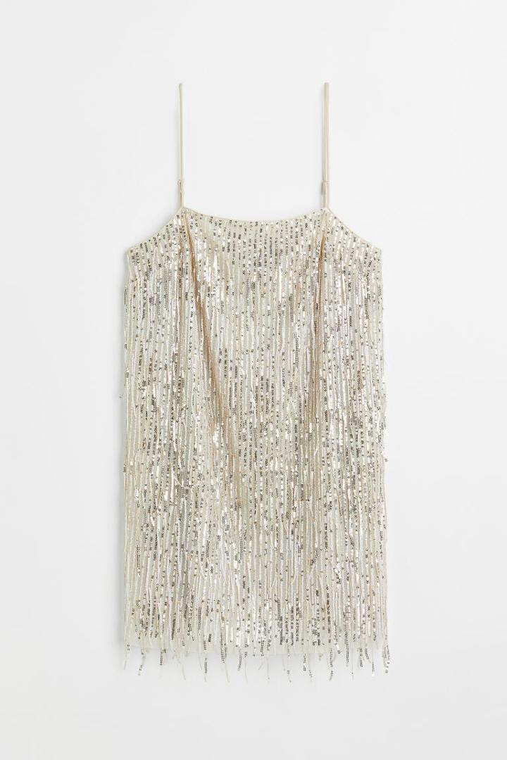 H & M - Sequined Dress With Fringe Hem - White