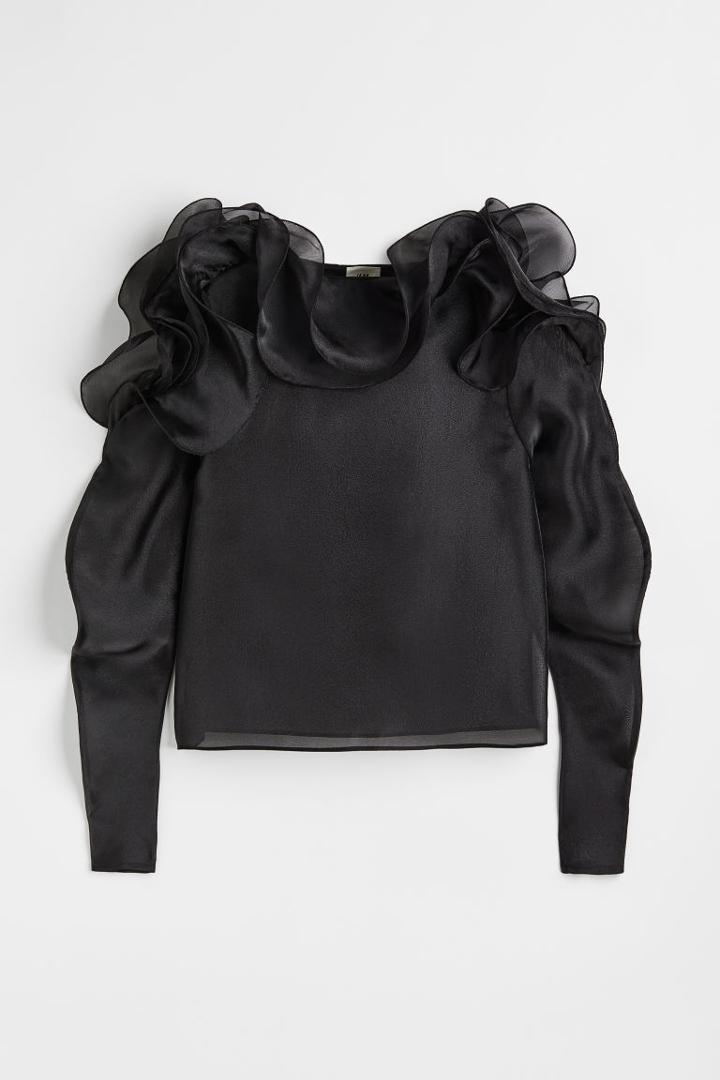 H & M - Flounce-trimmed Top - Black