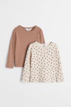 H & M - 2-pack Ribbed Cotton Tops - Beige