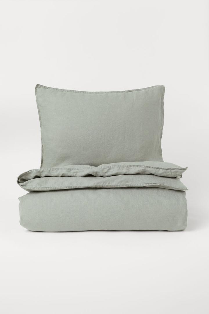 H & M - Linen Twin Duvet Cover Set - Green