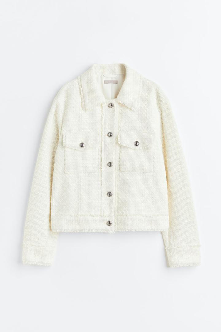 H & M - Fringe-trimmed Boucl Jacket - White