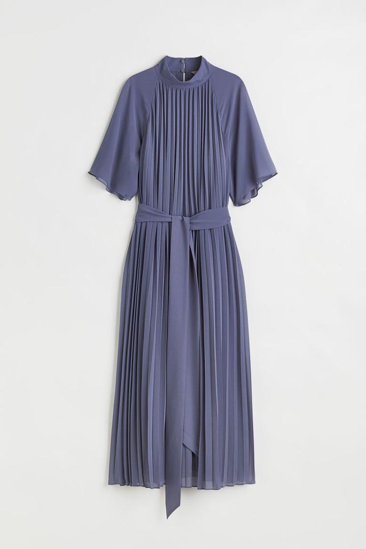 H & M - Pleated Tie-belt Dress - Blue