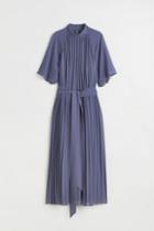 H & M - Pleated Tie-belt Dress - Blue