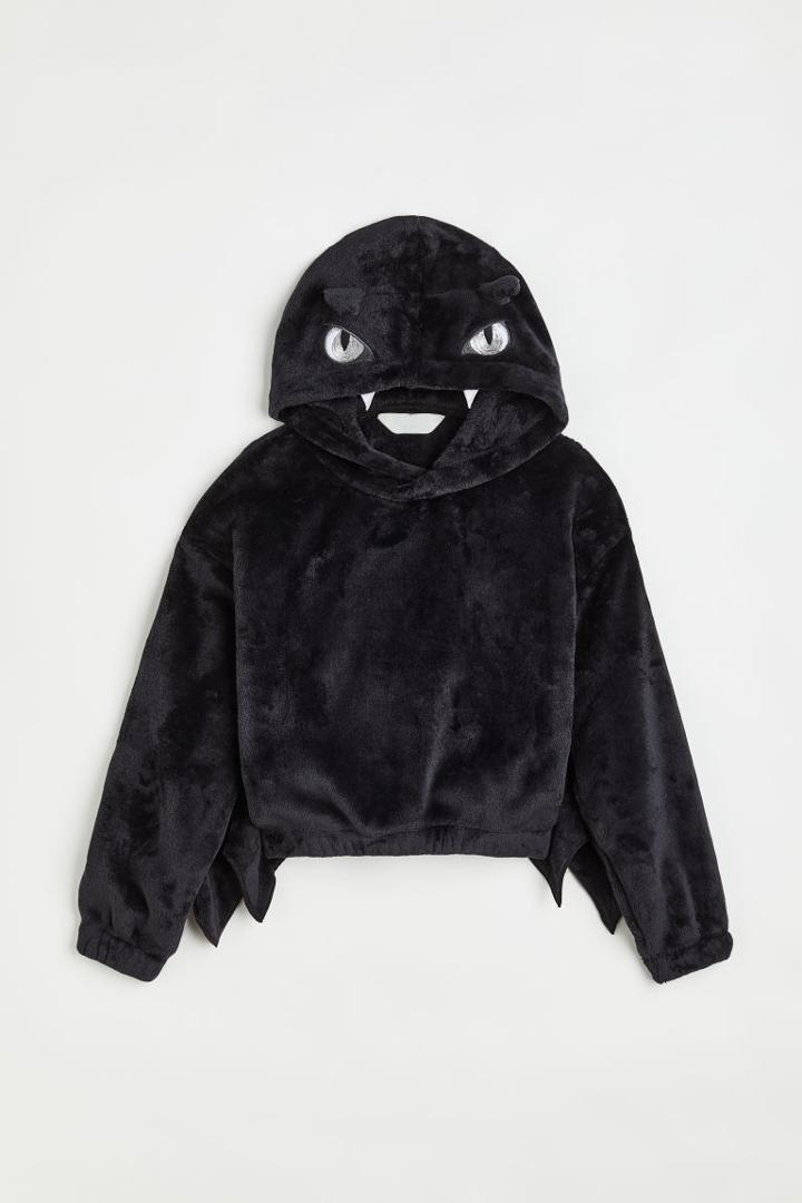 H & M - Appliqud Fleece Hoodie - Black