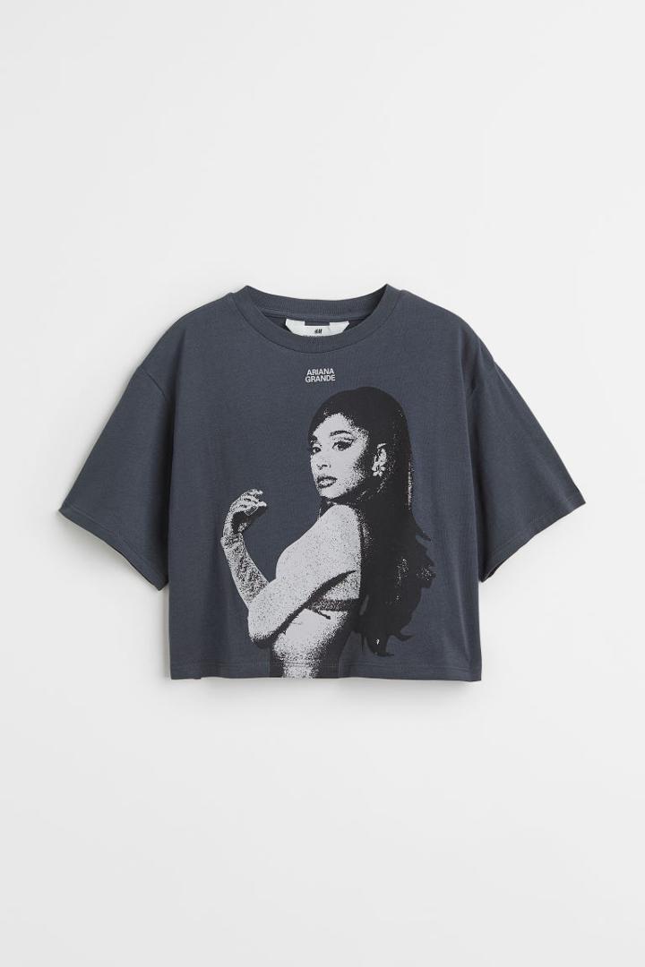 H & M - Printed Jersey Crop Top - Gray