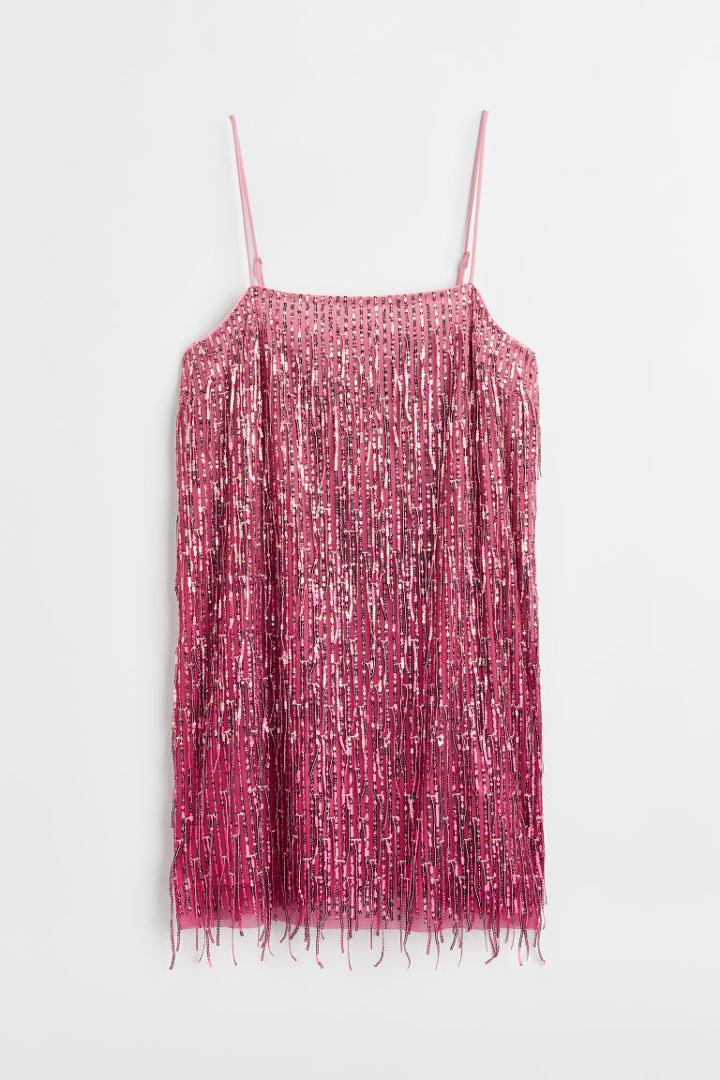 H & M - Sequined Dress With Fringe Hem - Pink