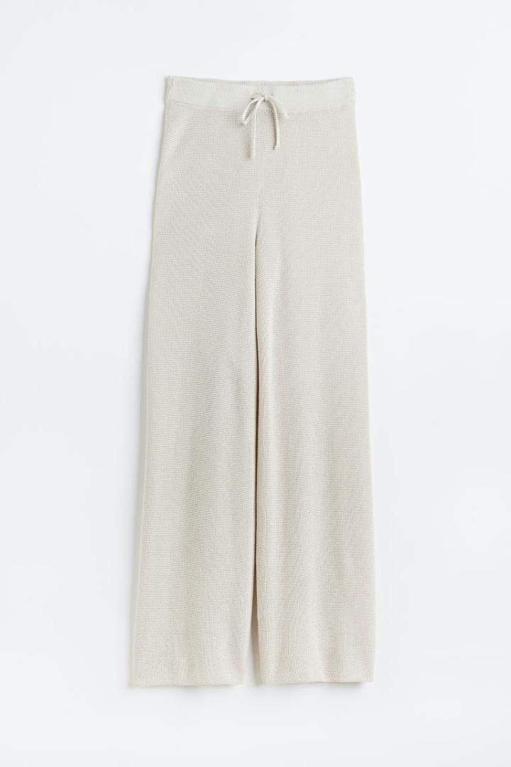 H & M - Waffle-knit Wide-leg Pants - Beige