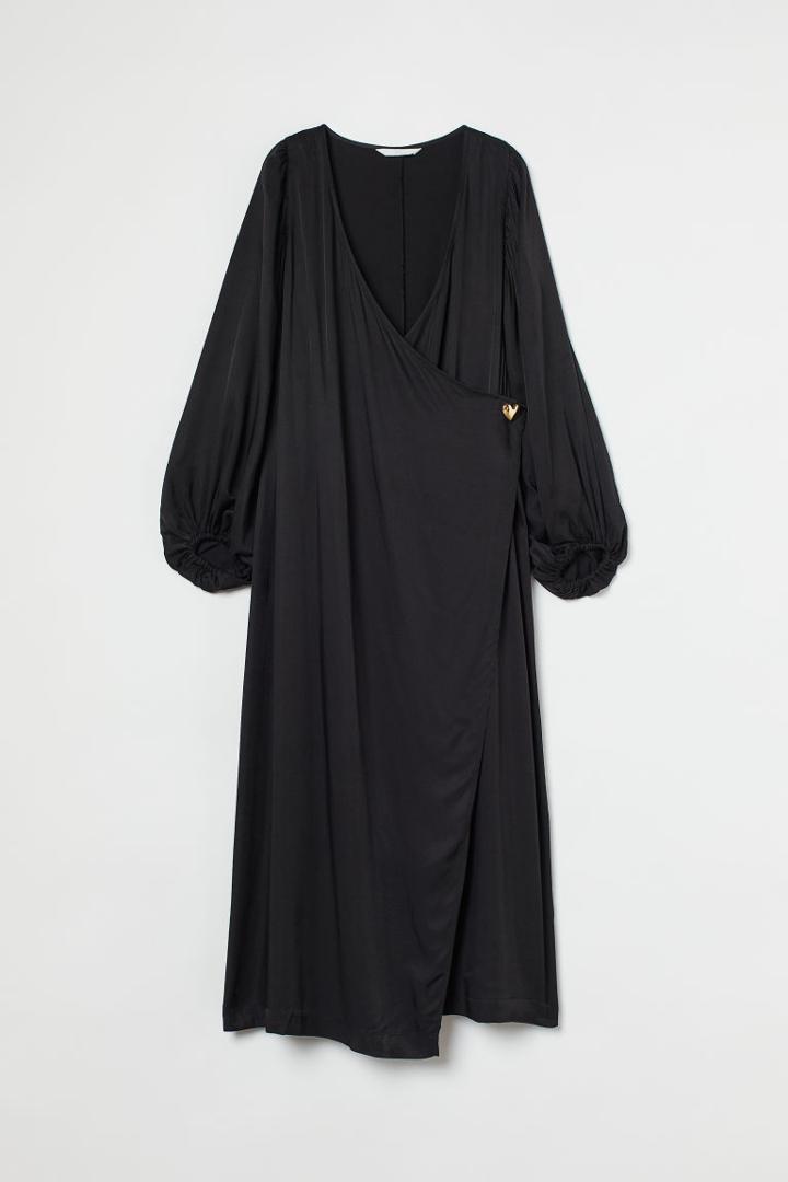 H & M - Satin Wrap-front Dress - Black