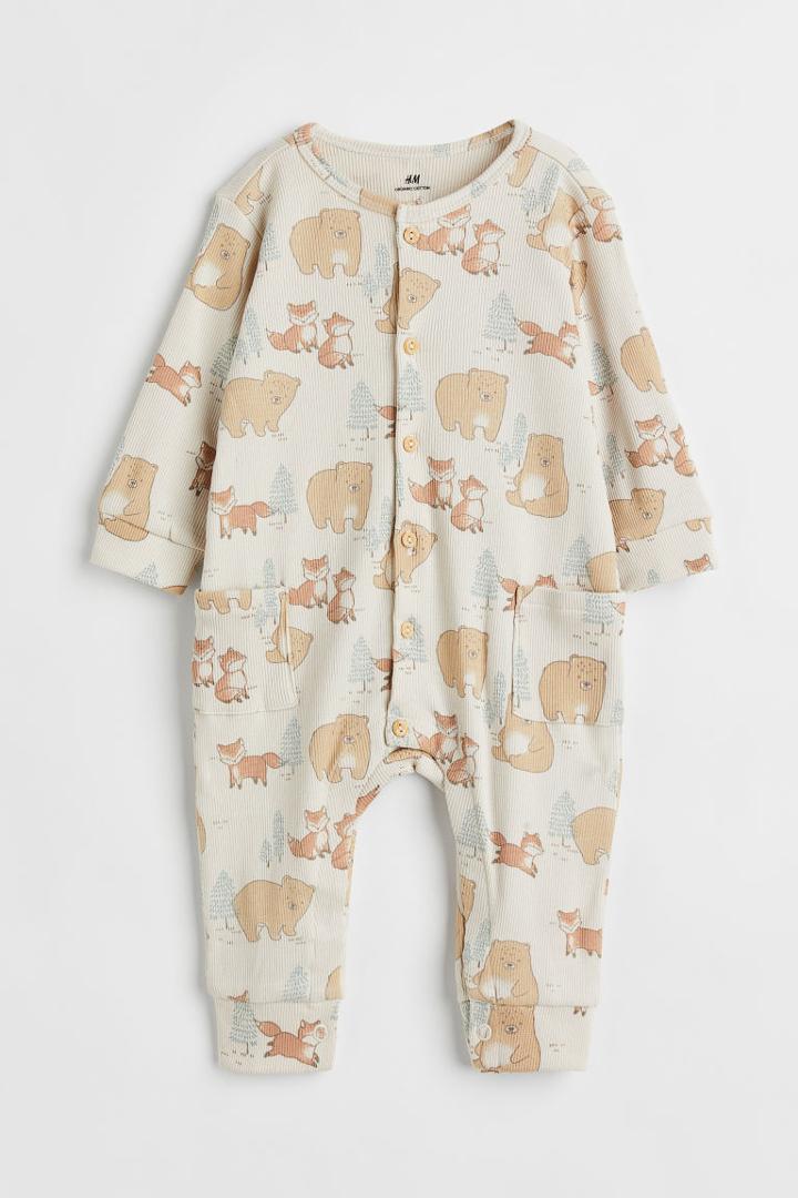 H & M - Ribbed Cotton Jumpsuit - Beige