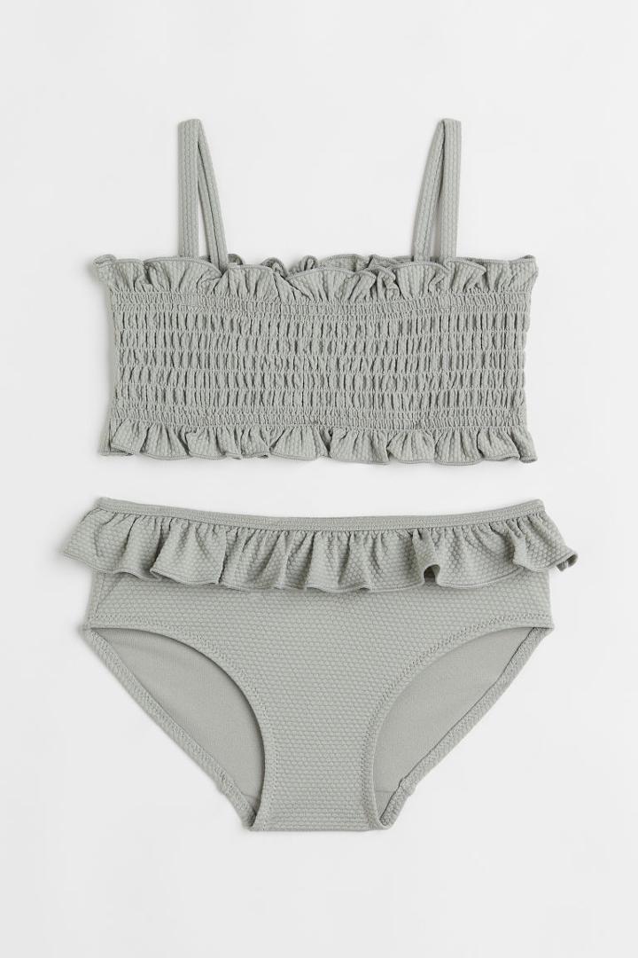 H & M - Ruffle-trimmed Smocked Bikini - Gray